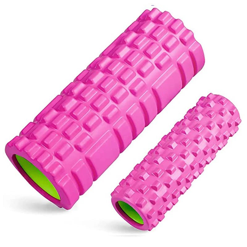 This pink high-density foam roller set is perfect for muscle recovery and deep tissue massage. The vibrant color with green inner detailing adds a stylish touch to your workout gear.