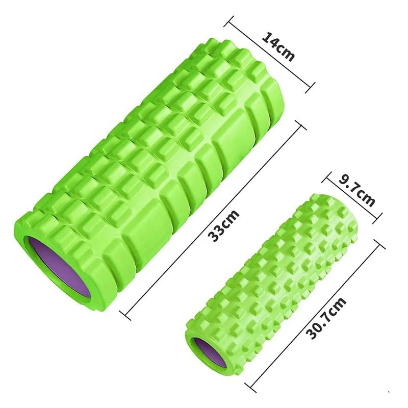 This green foam roller set with purple accents is perfect for deep tissue muscle massage and recovery. Its textured surface and durable design help relieve tension and improve flexibility.