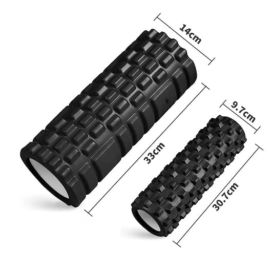 This high-density foam roller is ideal for muscle recovery and flexibility, measuring 33x14 cm and 30.7x9.7 cm. Perfect for yoga, Pilates, or fitness routines.