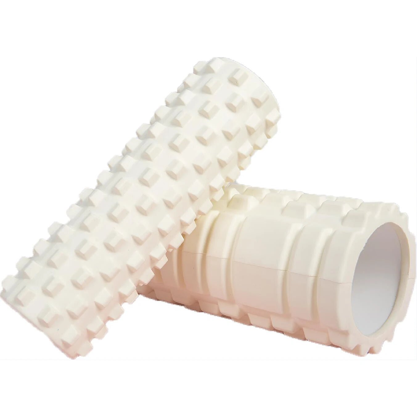 This white foam roller is designed for muscle massage and back training. Its rugged texture provides deep tissue relief, promoting flexibility and aiding muscle recovery.